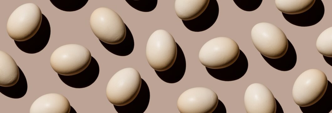 Chicken eggs on beige background Pattern banner