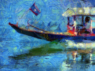 Long tail boat on the river Illustrations creates an impressionist style of painting.