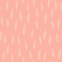 Fototapeta na wymiar Scrapbook tropical seamless pattern with little branches silhouettes. Pastel pink background. Simple style.