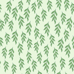 Fototapeta premium Little random green branches ornament seamless doodle pattern. Light background. Doodle abstract backdrop.