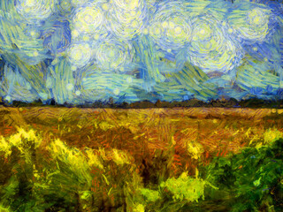 Landscapes of grasslands, forests and sky Illustrations creates an impressionist style of painting.