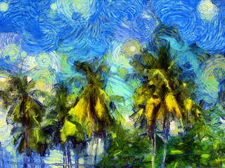 Fototapeta na wymiar Coconut tree group on sky background Illustrations creates an impressionist style of painting.