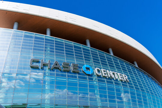 Chase Center sign logo on the glass facade of the indoor arena and stadium. JPMorgan Chase bank and financial company had purchased the naming rights of the arena - San Francisco, CA, USA - 2021