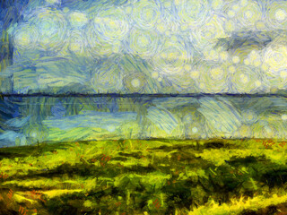 Lakeside landscape Illustrations creates an impressionist style of painting.