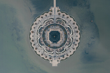 Aerial view of Chongyuan Temple, located along Yangcheng Lake at Suzhou Industrial Park, Suzhou, China