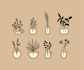 Set of vector images. Logo for businesses in the beauty, health, personal care, natural cosmetics, flower business. Linear illustration of flowers in a vase. Various plants and vases