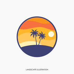 Fototapeta na wymiar Beach logo design template, with sunset icon and coconut tree
