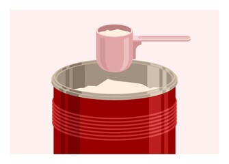 Powder milk in tin container and plastic spoon. Simple flat illustration.