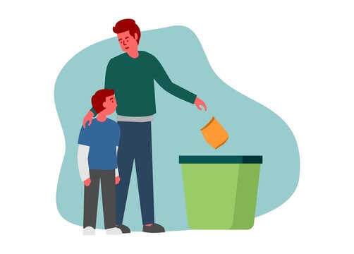 A father teaching his son to throw garbage to the trash bin. Simple flat illustration.