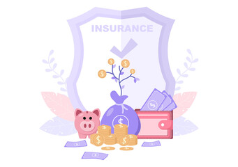 Investment Insurance Illustration for Business with Money Protection, Savings, Shield or Finance Safety Design