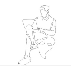 Male character at the work table in the office. Workplace laptop designer programmer manager. One continuous drawing line  logo single hand drawn art doodle isolated minimal illustration.