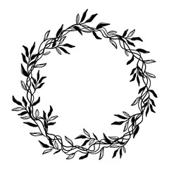 Floral round frame for text. Black White vector illustration.