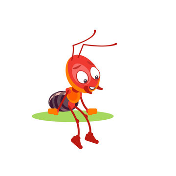 Ant cartoon style illustration isolated on white background. A happy, cheerful insect sits on a leaf and rests after a hard day's work