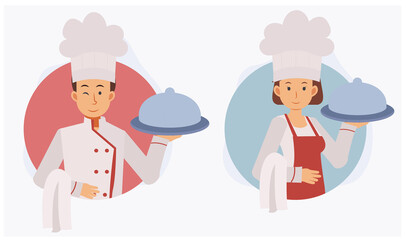 man and woman chef, Flat vector cartoon character.