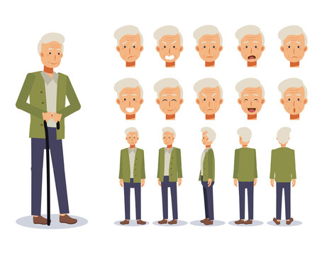 Flat Vector illustration set of old man ,Front, side, back view . emotion expression. animated character.