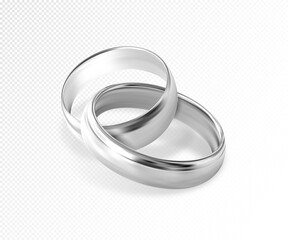 Two interlocking silver or platinum wedding rings on transparent background. Quality realistic vector, 3d illustration