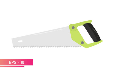 A large, comfortable wood saw with a green handle. Realistic design. On a white background. Carpenter tools. Flat vector illustration.