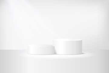 White 3d podium mockup in circle shape. Empty stage or pedestal mockup illuminated with spotlight. Podium or platform for award ceremony and product presentation. Vector