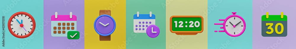 Poster time and date related icons set. minimal sign collection banner. 3d rendering