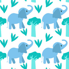children's vector pattern blue elephant . seamless pattern, hand drawn backdrop, blank for children's fabric, printing, packaging, design . huge mammal, baobab, silhouette image