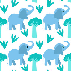 children's vector pattern blue elephant . seamless pattern, hand drawn backdrop, blank for children's fabric, printing, packaging, design . huge mammal, baobab, silhouette image
