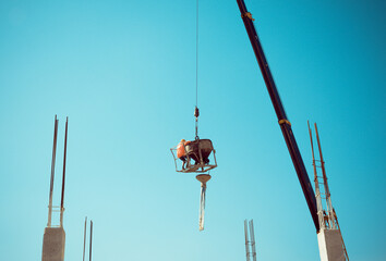 Obraz premium Worker pouring concrete by crane at construction site.