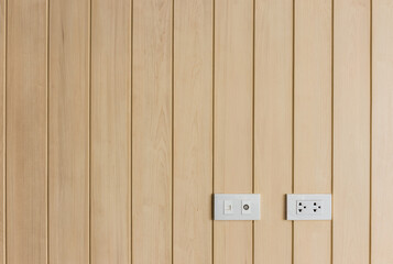 Electric plug on wooden panel background.