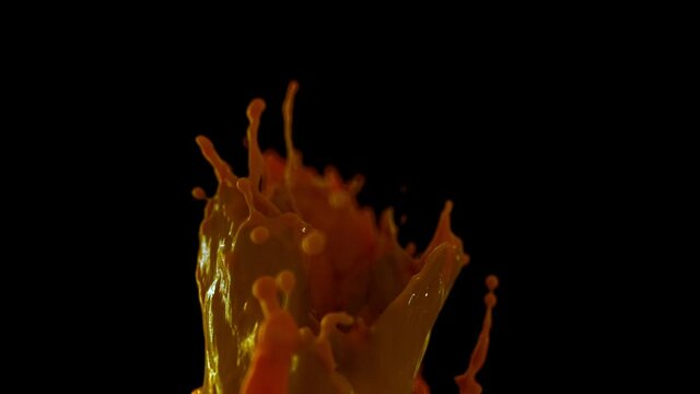 Amazing beautiful and mesmerizing fountain. The force of surface tension creates amazing droplets and liquid surfaces. Caramel, chocolate, water and orange juice. With alpha channel, ready to use for 