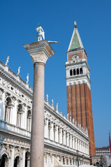 Fototapeta na wymiar The Campanile and the Marciana Library, seen in Venice, Italy