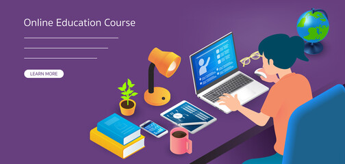 Girl Student Study by Using Computer Showing Tutorial and Info, Mouse, Smartphone with Graph, Tablet with Stylus and Circle Graph, Coffee with Smoke , Lamp, Books and Globe on Desk Purple Background