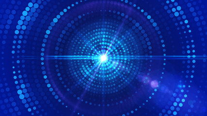 Futuristic Abstract Blue Shine Circular Halftone Dots Circle Pattern With Light Optical Flare Background