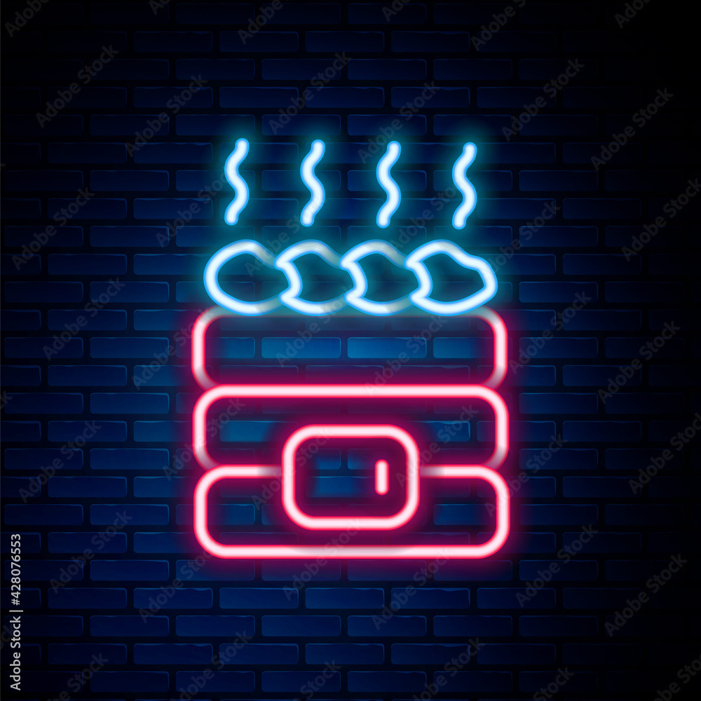 Sticker Glowing neon line Hot sauna stones icon isolated on brick wall background. Spa resort recreation, bathhouse relaxation. Hot stones on electric heater. Colorful outline concept. Vector