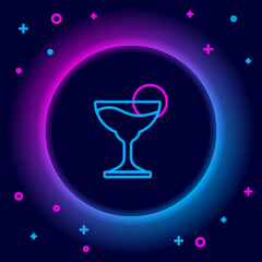 Glowing neon line Margarita cocktail glass with lime icon isolated on black background. Colorful outline concept. Vector