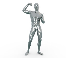 3D render : silver texture male character pose action with isolated background