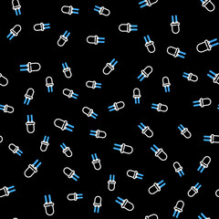 Line Light emitting diode icon isolated seamless pattern on black background. Semiconductor diode electrical component. Vector
