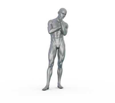 3D render : silver texture male character pose action with isolated background
