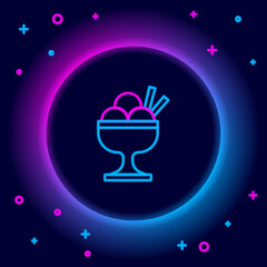 Glowing neon line Ice cream in the bowl icon isolated on black background. Sweet symbol. Colorful outline concept. Vector