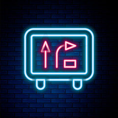 Glowing neon line Road traffic sign. Signpost icon isolated on brick wall background. Pointer symbol. Isolated street information sign. Direction sign. Colorful outline concept. Vector