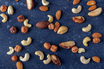 Assortment of various types of nuts on dark background. Cashew, hazelnuts, almonds and Brazil nuts close up. Healthy vegetarian snacks. Protein-containing food. Selective focus.