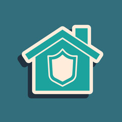 Green House with shield icon isolated on green background. Insurance concept. Security, safety, protection, protect concept. Long shadow style. Vector