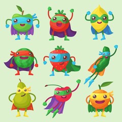 Fruit, berry and vegetable characters as superheroes vector set. Collection of cartoon apple, tomato, strawberry, pear with masks and capes isolated illustrations. Diet, healthy food concept
