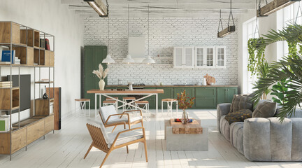 Bright living room with kitchen in loft, industrial style, 3d render 
