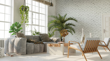 Bright living room with white brick wall, industrial style, 3d render 