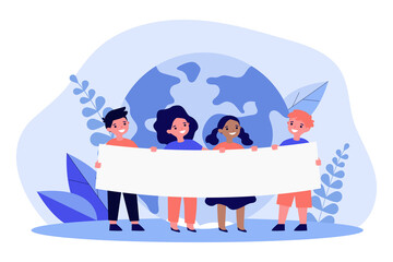 Cartoon children of different nationalities and races. Flat vector illustration. Kids standing together and holding poster with Earth on background. Unity, culture diversity, friendship concept