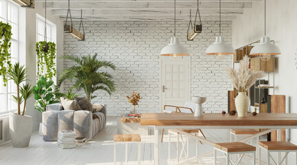  Living room interior with brick wall. loft, industrial style, 3d render 
