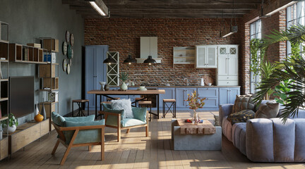 Open plan living room with kitchen in loft, industrial style ,3d render 