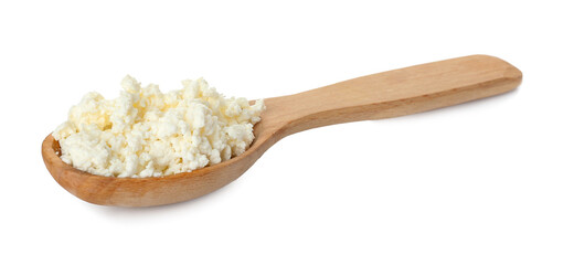 Spoon of cottage cheese on white background