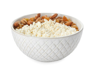 Bowl of cottage cheese with peanuts and cereals on white background