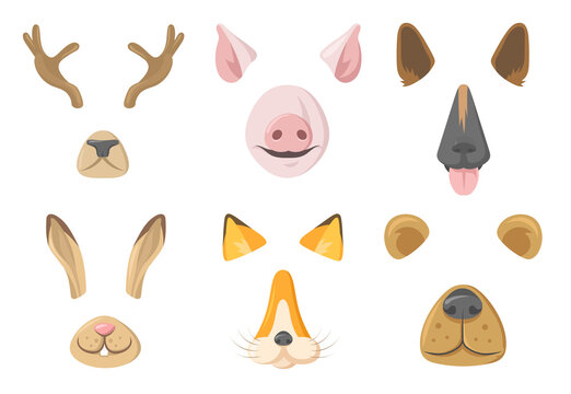 Animal masks for mobile application vector illustrations set. Cartoon bunny, deer, pig, fox, bear and dog face masks with nose and ears on white background. Photo or video chat filter concept