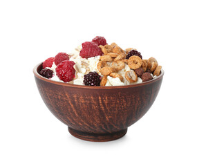 Bowl of cottage cheese with cereal rings and berries on white background